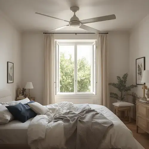 Ventilateur de plafond moderne installé dans une chambre lumineuse pour améliorer le confort d'été