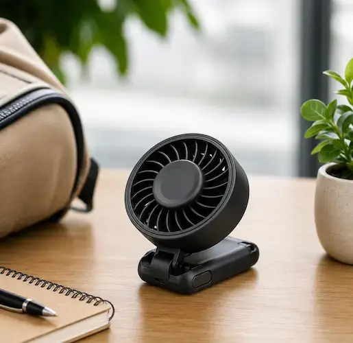 Mini ventilateur portable Diveblues 4-en-1 pliable posé sur un bureau, testé pour un usage au bureau et en déplacement