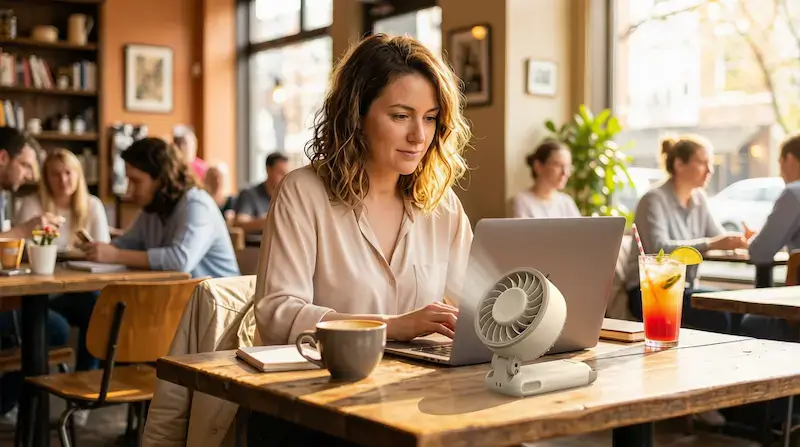 Mini ventilateur portable Diveblues posé sur une table dans un café à côté d’un ordinateur portable et d’une tasse