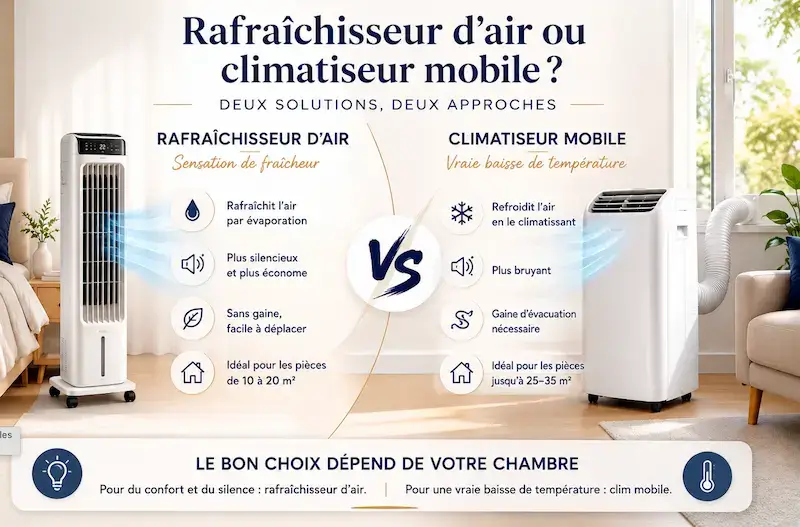 Comparatif visuel entre un rafraîchisseur d’air et un climatiseur mobile pour choisir la solution adaptée à une chambre en été