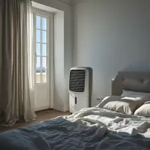 Meilleur rafraîchisseur d'air silencieux pour chambre : notre Top 5 Rafraîchisseur d’air silencieux placé près d’un lit dans une chambre d’été pour améliorer le confort pendant les nuits chaudes