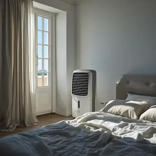 Rafraîchisseur d’air silencieux placé près d’un lit dans une chambre d’été pour améliorer le confort pendant les nuits chaudes