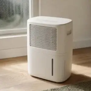 Comment fonctionne un déshumidificateur ? Compresseur, dessiccation et effet Peltier Déshumidificateur à compresseur blanc devant une fenêtre embuée, illustrant comment fonctionne un déshumidificateur
