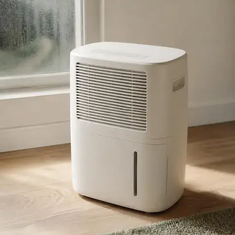 Déshumidificateur à compresseur blanc devant une fenêtre embuée, illustrant comment fonctionne un déshumidificateur