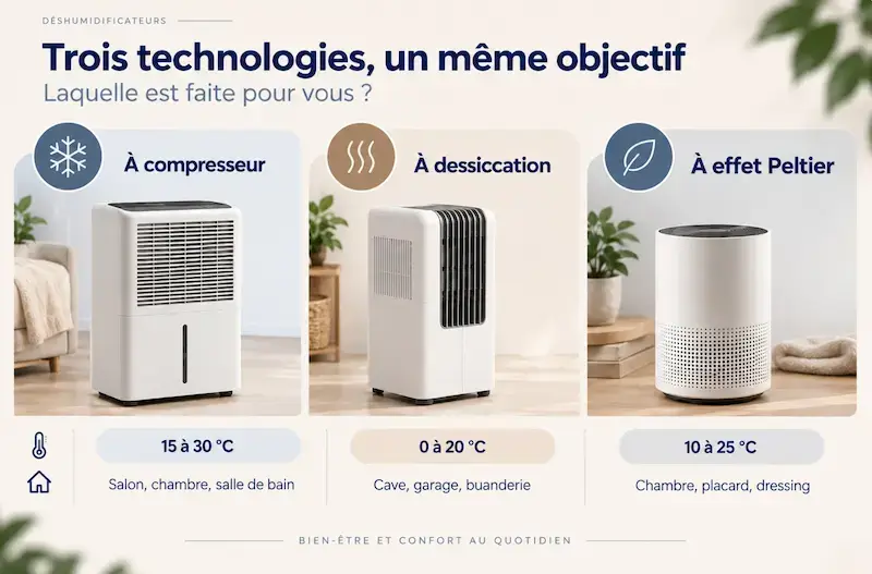 Comparatif visuel des trois technologies de déshumidificateur, compresseur, dessiccation et effet Peltier, avec température idéale et pièces adaptées