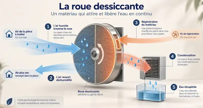 Schéma de la roue dessiccante d'un déshumidificateur à dessiccation, avec l'air humide adsorbé, la régénération par résistance chauffante et l'eau condensée dans le réservoir