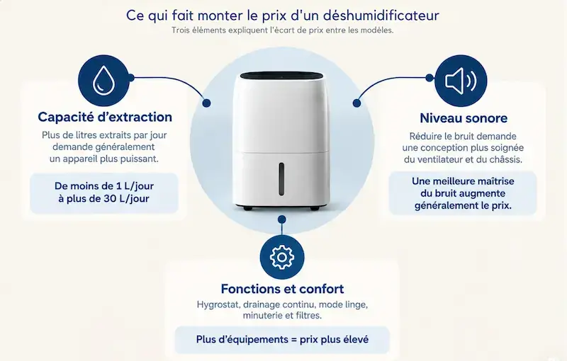 nfographie des trois facteurs qui font monter le prix d'un déshumidificateur : capacité d'extraction, niveau sonore et fonctions
