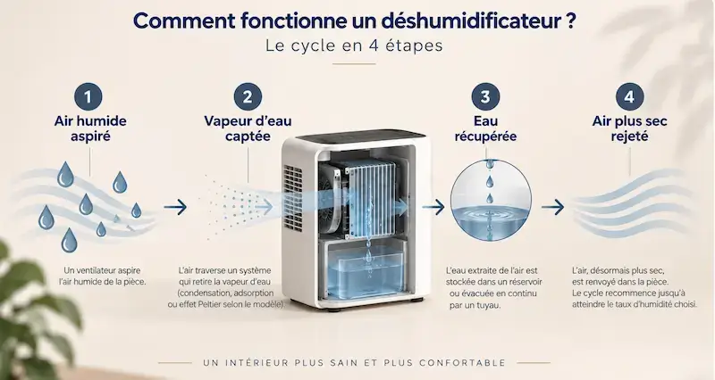 Schéma du fonctionnement d'un déshumidificateur en quatre étapes, de l'air humide aspiré à l'air sec rejeté