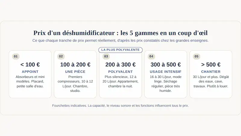 Infographie des cinq gammes de prix d'un déshumidificateur, de moins de 100 € à plus de 500 €, avec le type d'appareil et l'usage de chaque tranche