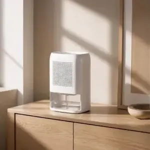 Mini déshumidificateur : gadget ou vraie solution pour une petite pièce ? Mini déshumidificateur électrique compact avec réservoir transparent dans une salle de bain