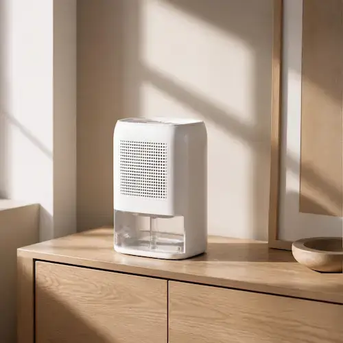 Mini déshumidificateur électrique compact avec réservoir transparent dans une salle de bain