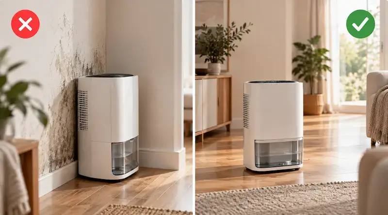 Comparaison entre un déshumidificateur collé à un mur humide et placé dans un espace dégagé.