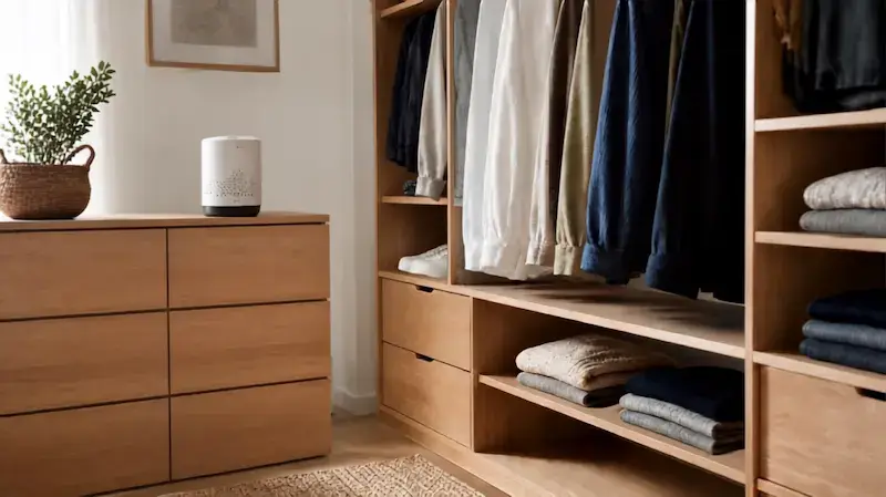 Petit déshumidificateur installé dans un dressing en bois