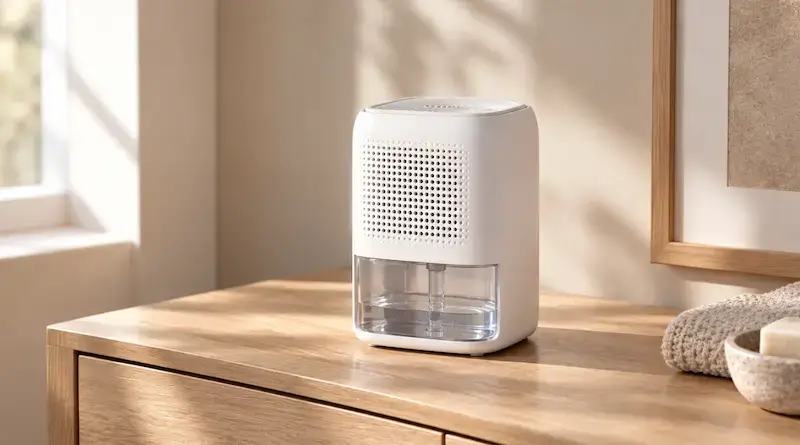 Mini déshumidificateur Peltier avec réservoir transparent posé sur un meuble en bois