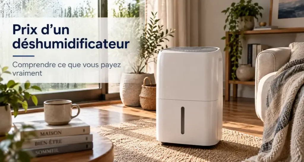 Déshumidificateur blanc dans un salon lumineux devant une fenêtre embuée, avec le titre Prix d'un déshumidificateur