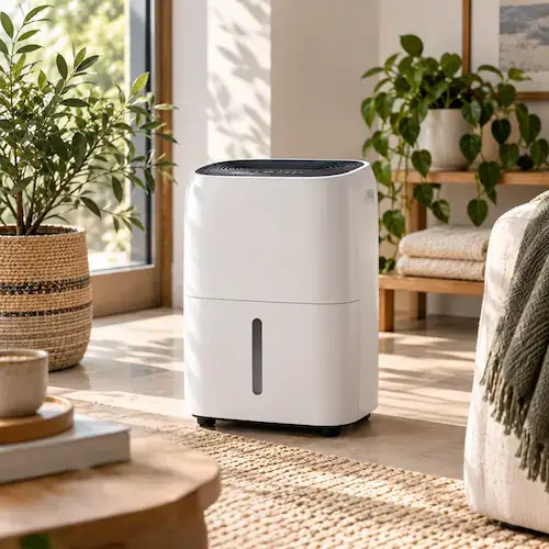 Déshumidificateur blanc posé dans un salon lumineux avec plantes vertes et tapis en jute