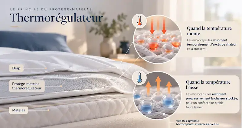 Coupe d'un lit montrant le drap, le protège-matelas thermorégulateur, le surmatelas et le matelas, avec le rôle de chaque couche