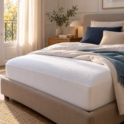 Protège-matelas thermorégulateur blanc à texture fine sur un lit double