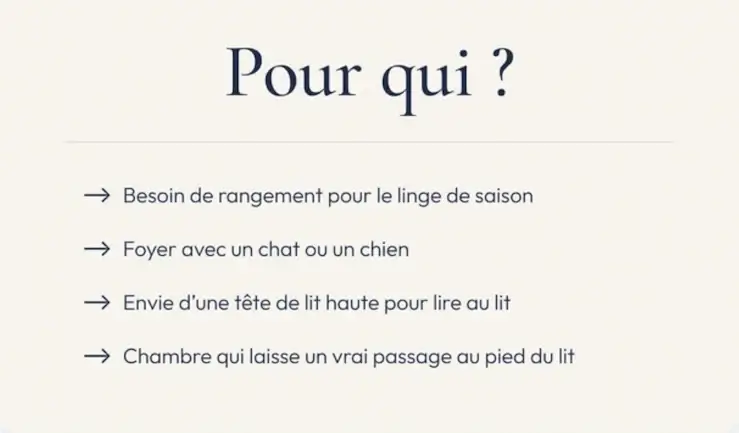 Carte récapitulative des profils à qui convient ce lit coffre : besoin de rangement pour le linge de saison, foyer avec un chat ou un chien, envie d’une tête de lit haute pour lire, chambre avec un vrai passage au pied du lit.
