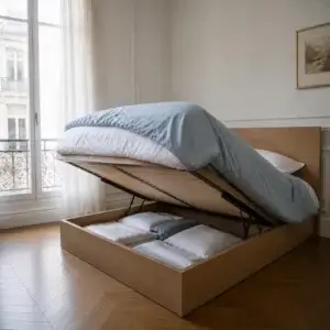Lit avec rangement : les bonnes questions à se poser avant d'acheter Lit avec rangement à coffre ouvert dans une chambre parisienne, linge de lit plié à l'intérieur