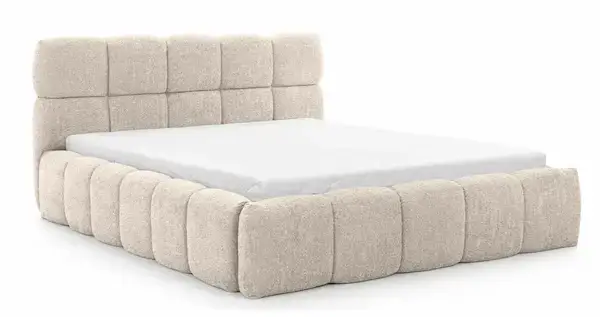 Lit coffre Casanova fermé en tissu bouclette beige avec tête de lit