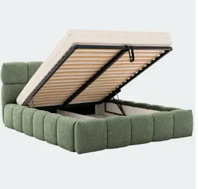 Lit coffre Élise Casanova Paris vert avec sommier relevable et espace de rangement ouvert.