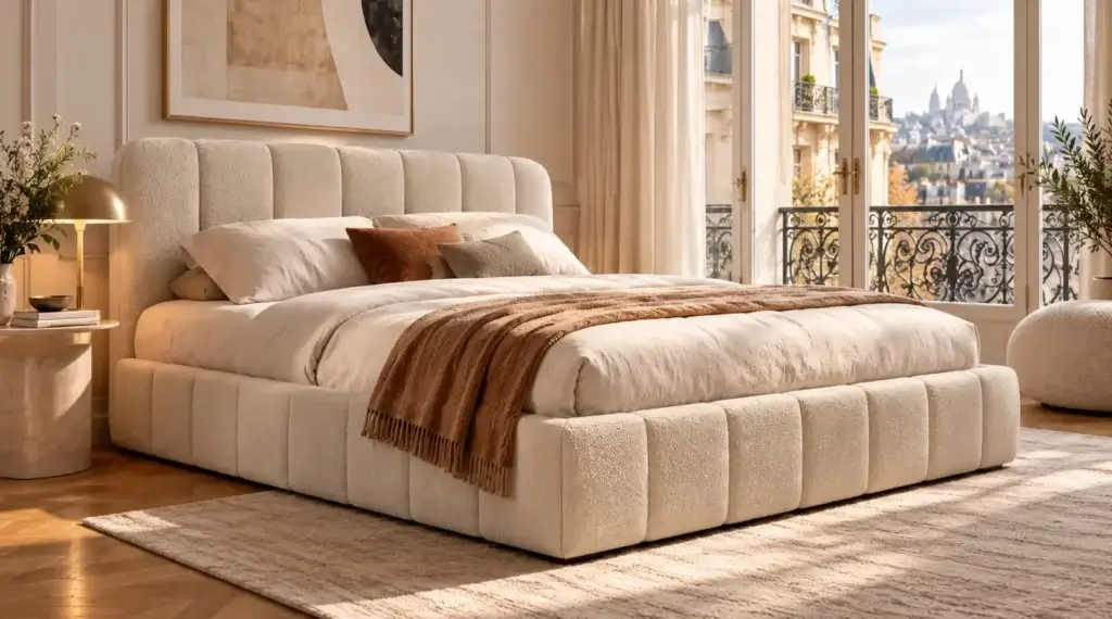 Lit coffre Élise Casanova Paris en tissu bouclette beige, dans une chambre haussmannienne élégante avec parquet et balcon parisien.