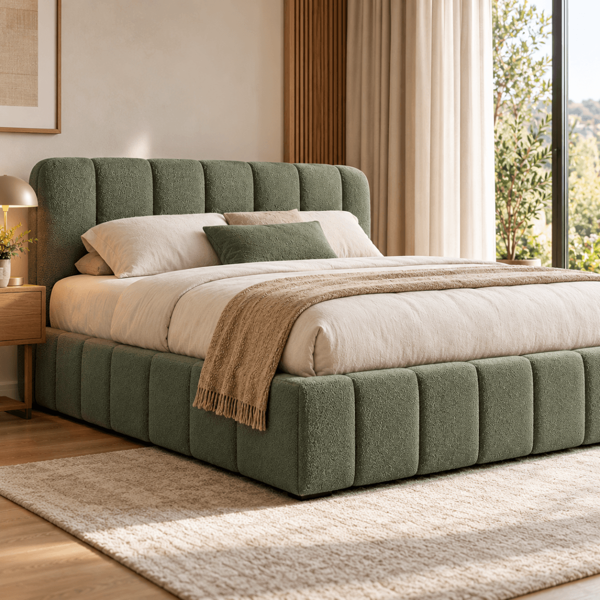 Lit coffre Élise Casanova Paris en tissu bouclette vert, dans une chambre lumineuse avec une décoration beige et bois naturel.