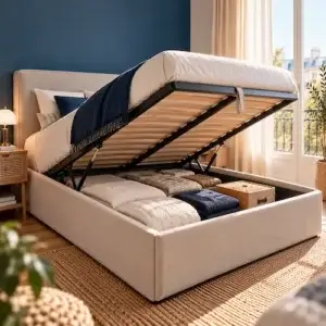 Lit coffre : le guide complet pour bien choisir Lit coffre en tissu beige avec coffre de rangement ouvert