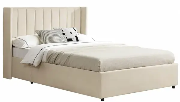 Lit coffre Juskys Savona beige avec tête de lit rembourrée