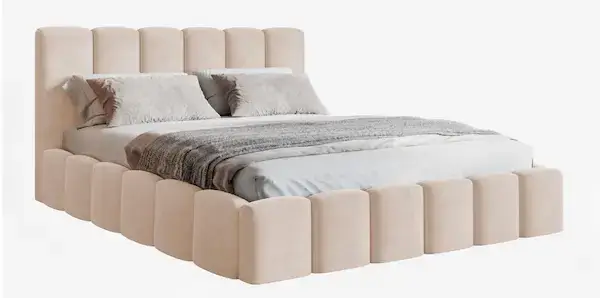 Lit coffre MOTIVENA Nunu beige avec tête de lit et cadre rembourrés