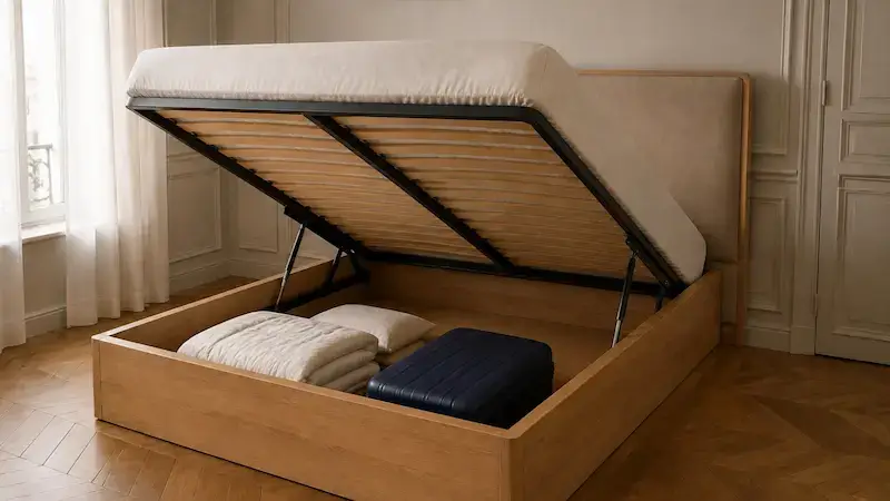 Lit coffre ouvert avec couette, oreillers et valise rangés sous le sommier