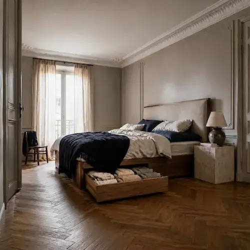 Lit coffre ou tiroir : lit à tiroirs en noyer avec un tiroir ouvert dans une chambre parisienne au parquet en point de Hongrie