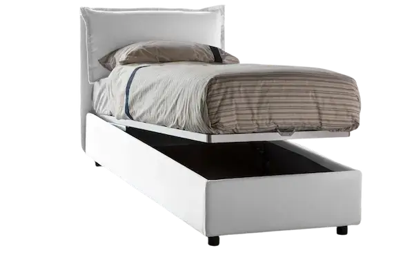 Lit coffre Talamo blanc une place ouvert avec sommier relevable et espace de rangement