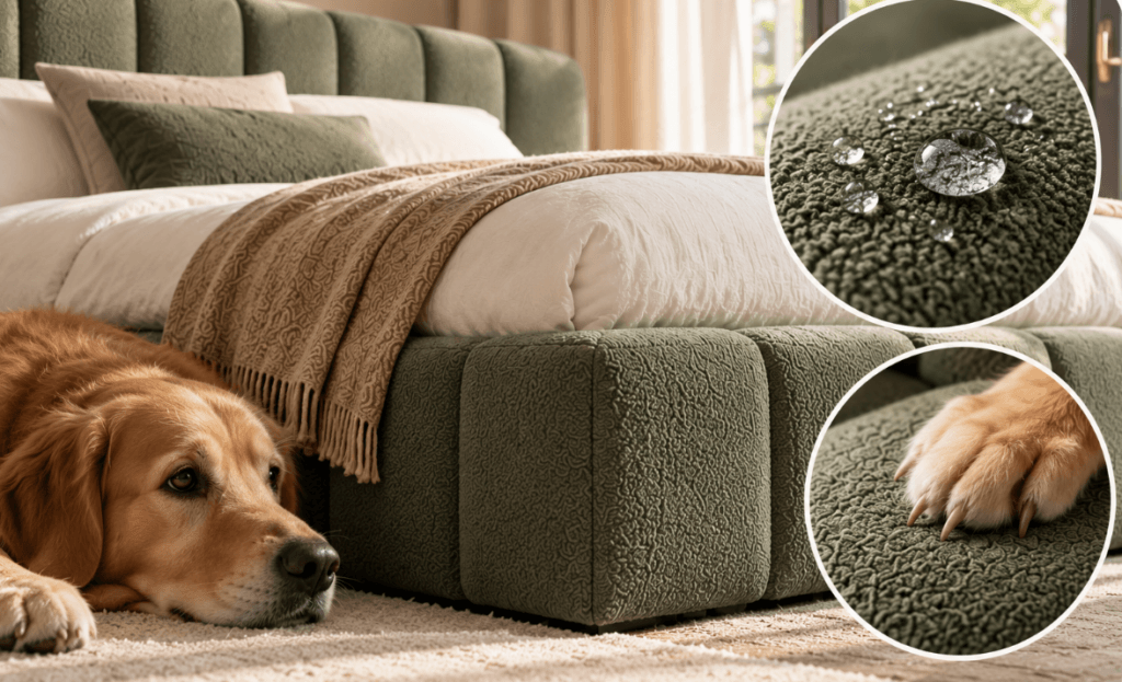 Lit en tissu bouclette vert avec un chien couché au pied du lit, gros plans sur des gouttes d’eau qui perlent sur le tissu et sur une patte de chien posée sur la bouclette.