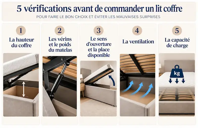 Les 5 points à vérifier avant d'acheter un lit coffre : hauteur du coffre, vérins, sens d'ouverture, ventilation et capacité de charge