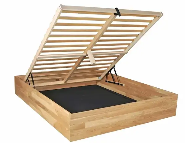 Lit coffre Weber bois chêne ouvert avec sommier relevable et espace de rangement