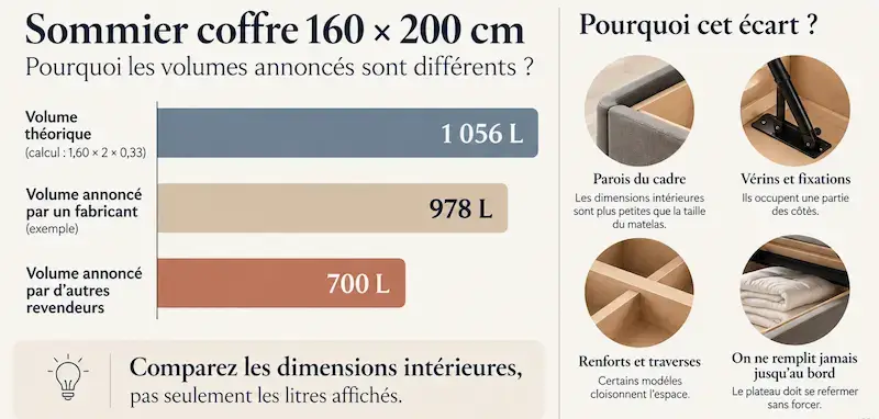 Sommier coffre 160x200 : volume théorique de 1 056 L, 978 L annoncés par un fabricant, jusqu'à 700 L utiles selon d'autres revendeurs, et causes de l'écart