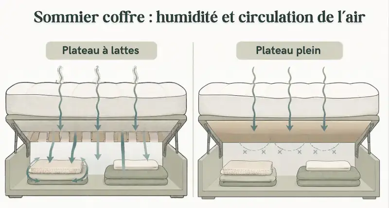Schéma en coupe d'un sommier coffre : l'humidité traverse le matelas, circule à travers un plateau à lattes et reste bloquée sous un plateau plein