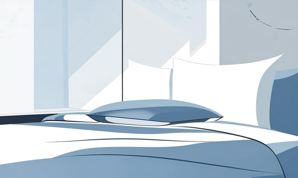 Lit minimaliste et oreillers ergonomiques dans une chambre apaisante Illustration vectorielle d’un lit moderne aux tons bleus et blancs, avec coussins et matelas ergonomiques, dans une chambre lumineuse et paisible
